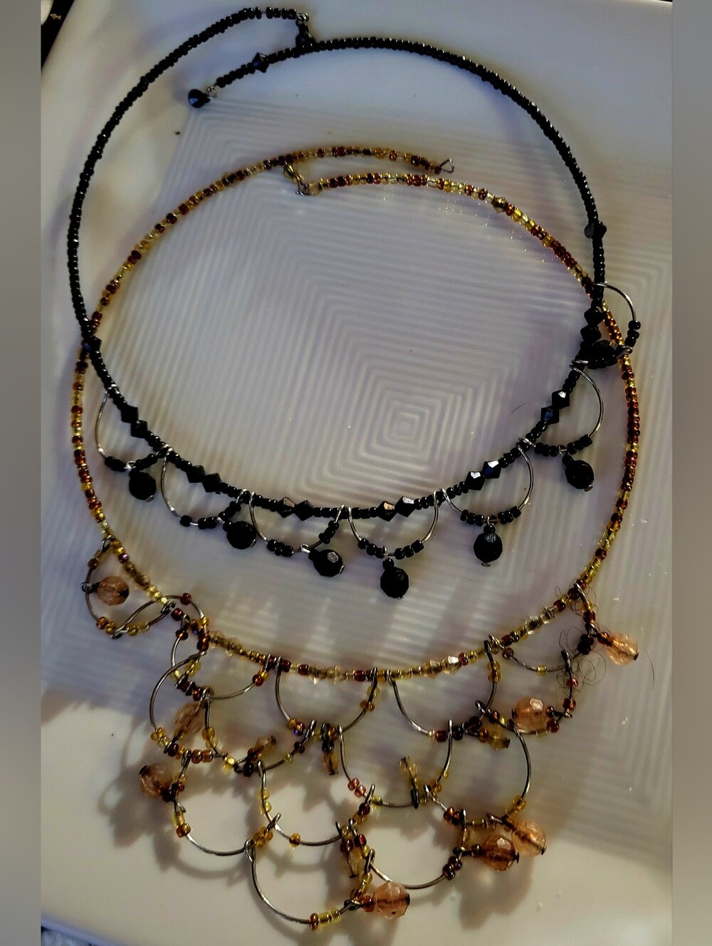 Set of 2 Vintage Gothic & Earthy Beaded Scalloped Fringe Choker Necklaces